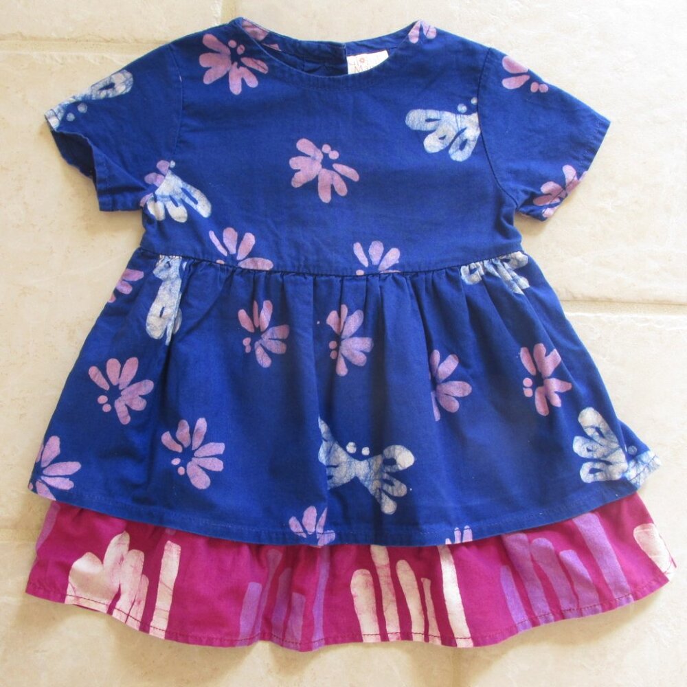 GLOBAL MAMAS GIRL'S SIZE 12 mo. DRESS BLUE & FUCHSIA BATIK FLORAL PRINT SS